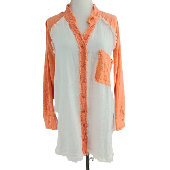 Uncharted Threads 100% Cotton Button-Up Shirt Size LARGE Orange White Frayed - Picture 2 of 9
